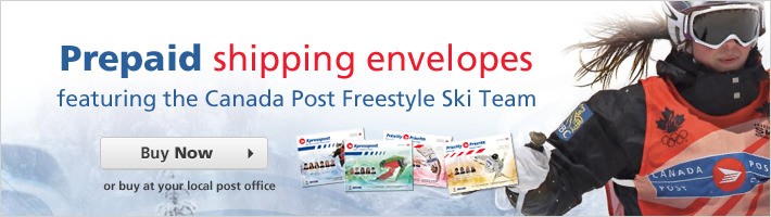 Prepaid shipping envelopes featuring the Canada Post Freestyle Ski Team. Buy now or buy at your local post office.