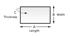 Illustration of length, width and thickness of an Unaddressed Admail item