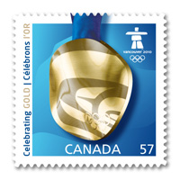 STAMP CELEBRATES CANADA’S FIRST OLYMPIC GOLD MEDAL WON IN CANADA. A PROUD NATION CHEERS!