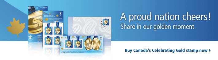 A proud nation cheers! Share in our golden moment. Buy Canada's Celebrating Gold stamp now >