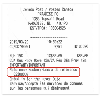 A mail forwarding receipt with reference number circled