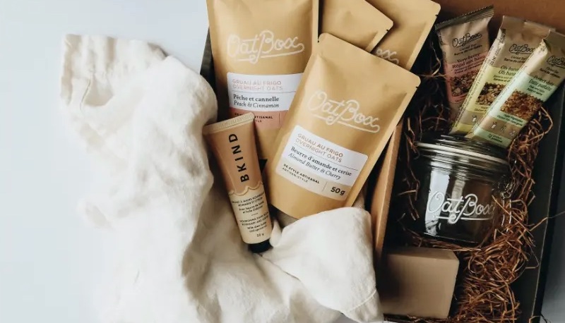 An unboxed Oat Box subscription box.