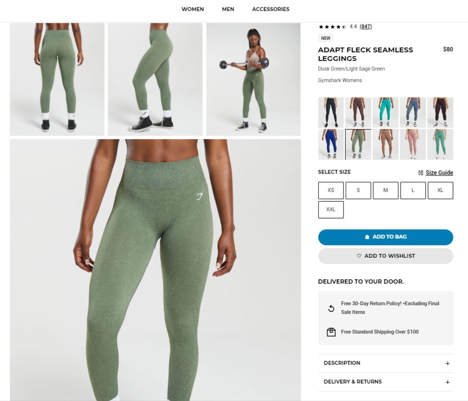 A screenshot of the GymShark ecommerce site. It shows the item for sale, delivery and returns information and that standard shipping is free on orders over $100.