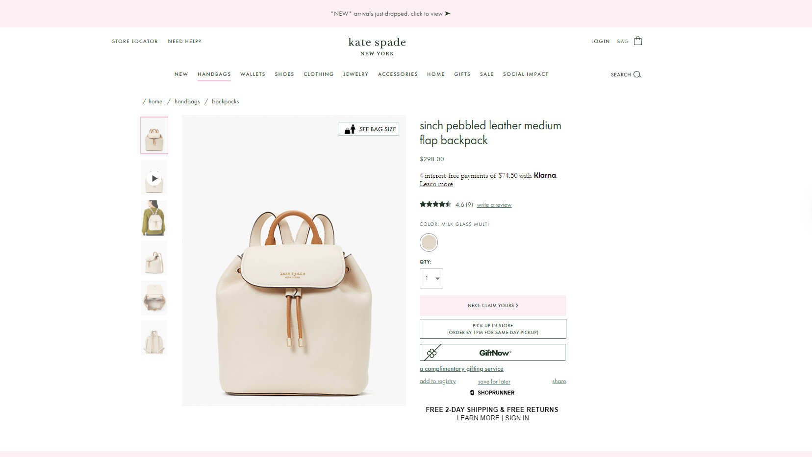 A Kate Spade product web page presenting multiple high-quality views of a handbag.