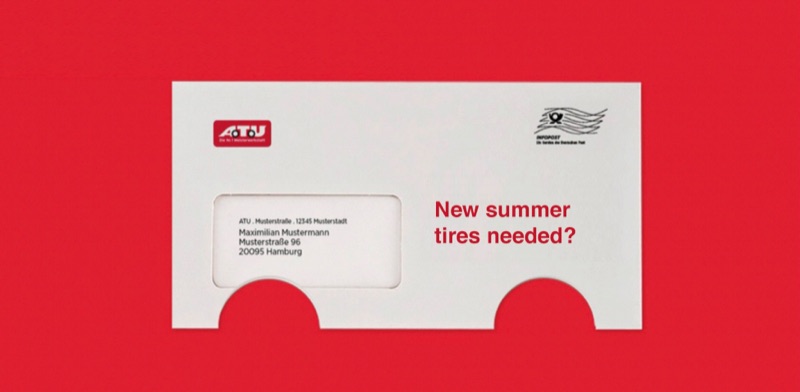 The direct mail piece from German auto repair chain, ATU. An envelope with circles cut out. “New summer tires needed?”