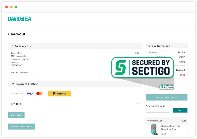 Davids Tea checkout page is secured by SECTIGO.