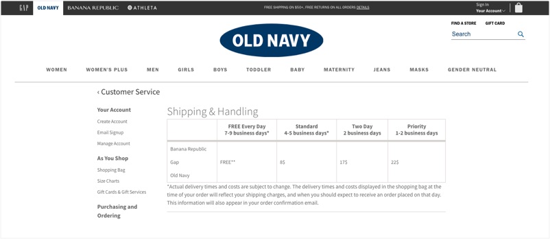 Old Navy’s website’s shipping and handling page.