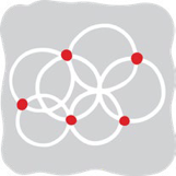 Overlapping circles with red dots marking connection points. 