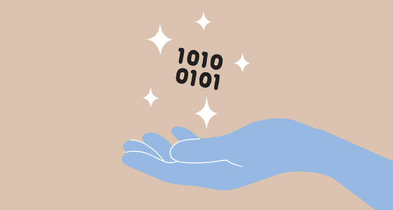 Binary computer code hovers above a person’s open palm. 