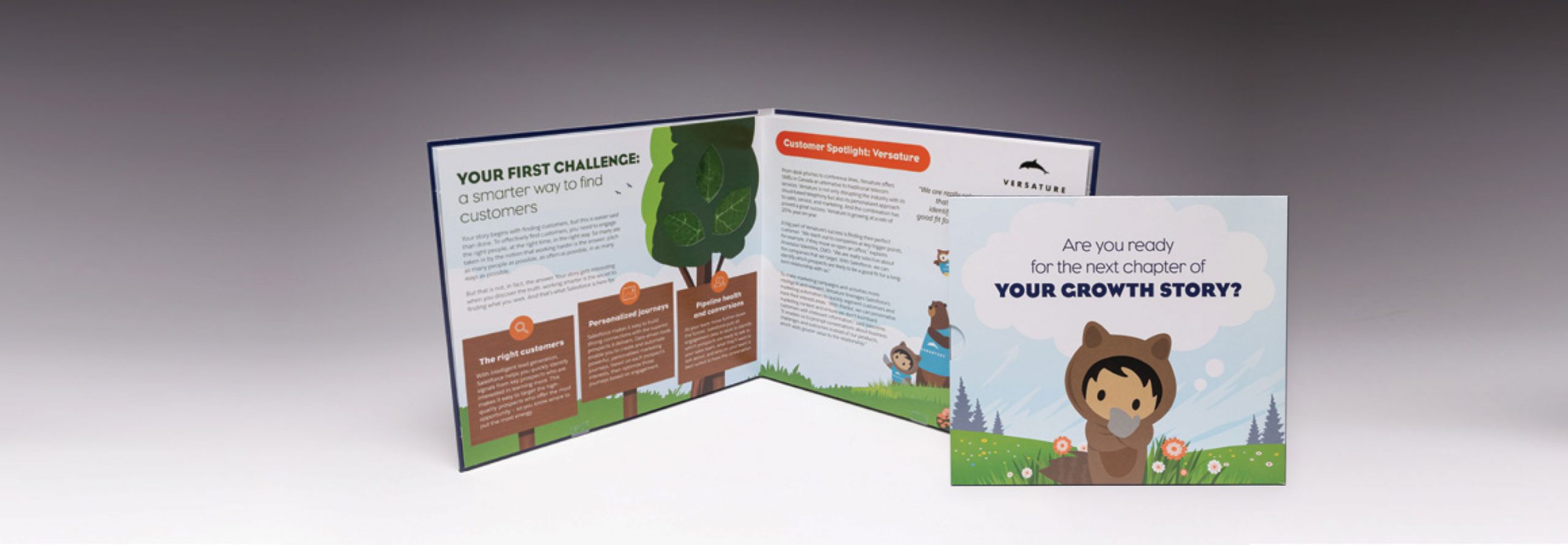 A book sleeve with the text “Are you ready for the next chapter of your growth story?” is propped against Salesforce’s book.