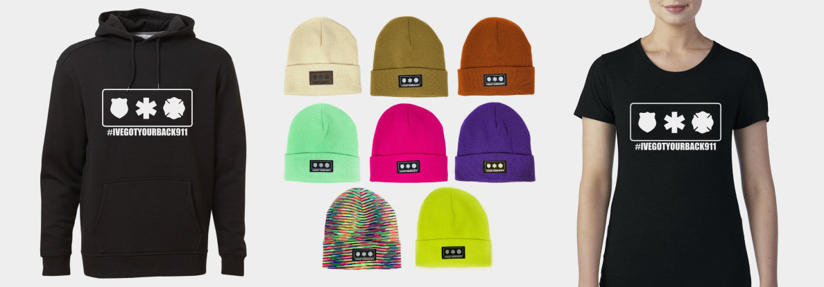 A hooded sweatshirt, T-shirt and colourful toques featuring the #IVEGOTYOURBACK911 hashtag logo.
