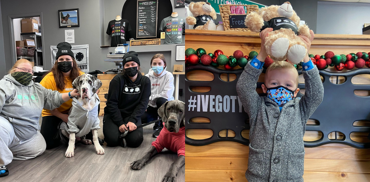 People wearing #IVEGOTYOURBACK911 apparel. A boy holds a teddy bear with an #IVEGOTYOURBACK911 t-shirt.