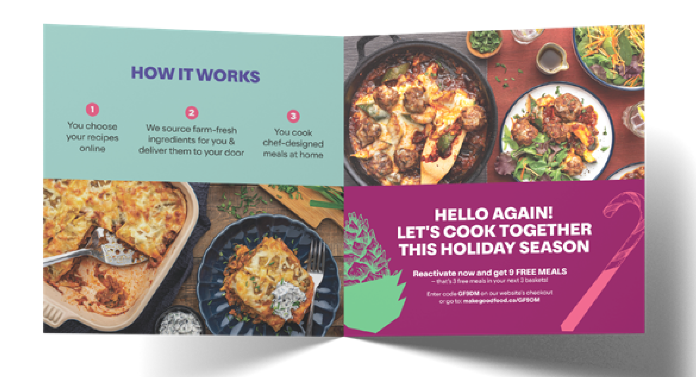 Direct mail piece from GoodFood: 4-panel layout with steps for selecting recipes, ingredient delivery and cooking at home.
