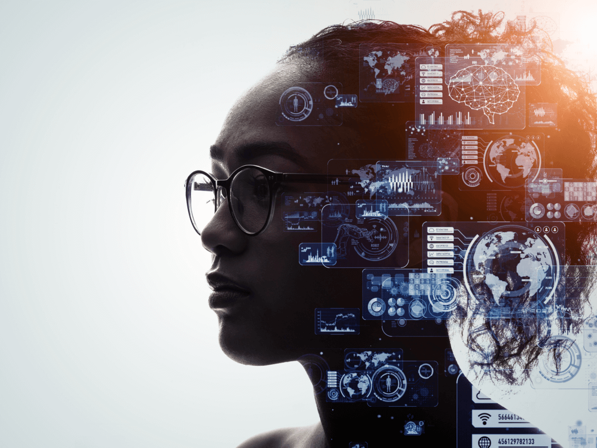 Various icons of digital information are superimposed over a woman’s head. 