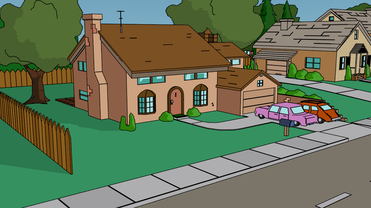 The exterior of the Simpsons’ home from the Fox TV series, “The Simpsons.”