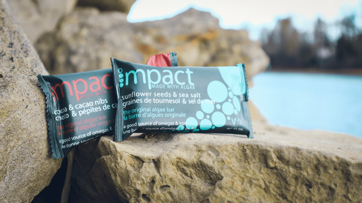 Two wrapped and branded impact food bars from Algi sit on a rock.