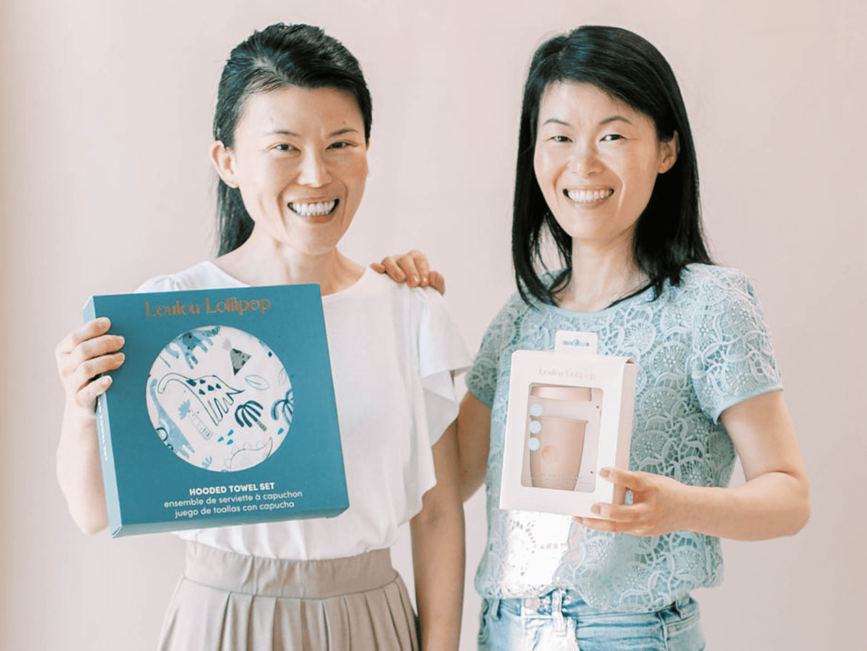 Angel Kho and Eleanor Lee, co-founders of Loulou Lollipop, holding examples of their products