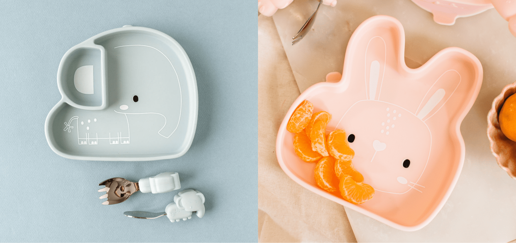 Infant eating bowls and utensils from Loulou Lollipop. One bowl is in the shape of a grey elephant. The other bowl is in the shape of a pink bunny. 