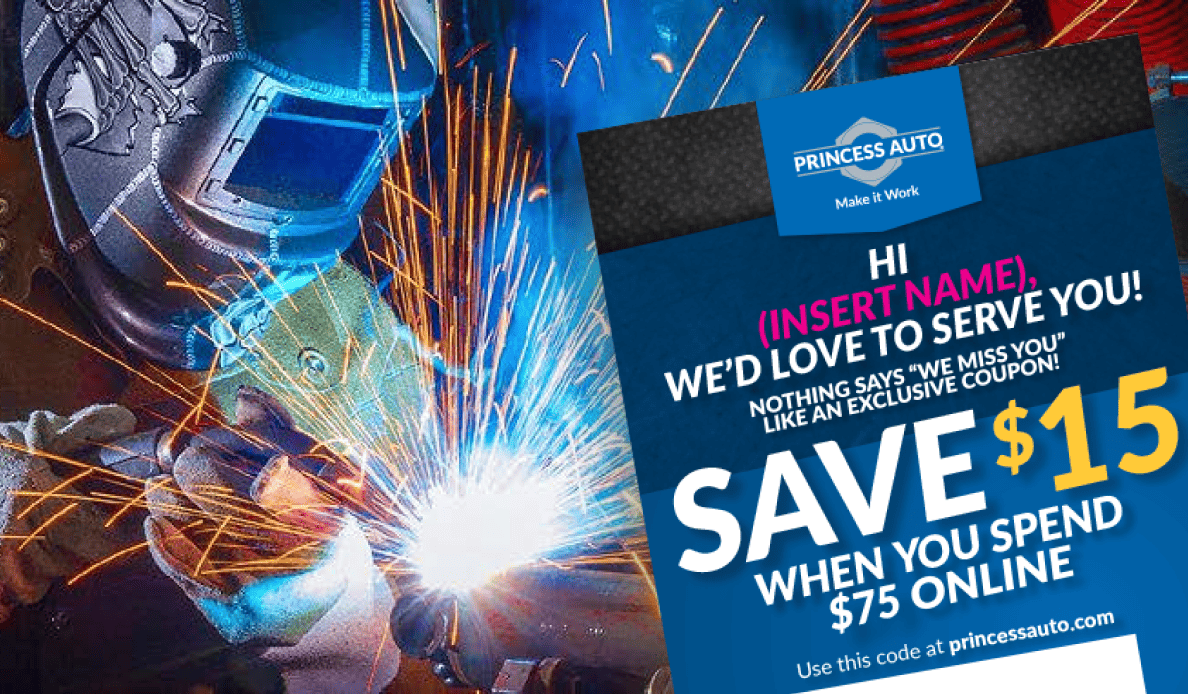Princess Auto Personalized Mail card offering returning customers an online coupon code.