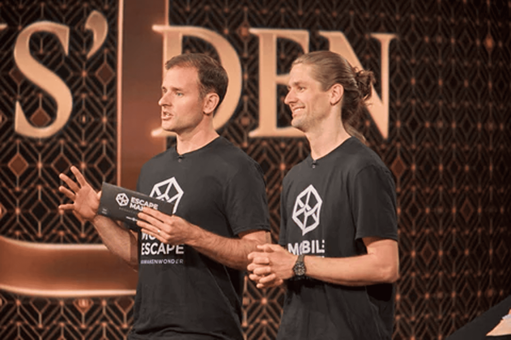 The founders of Escape Mail (formerly Mobile Escape) on stage during their Dragon’s Den appearance.