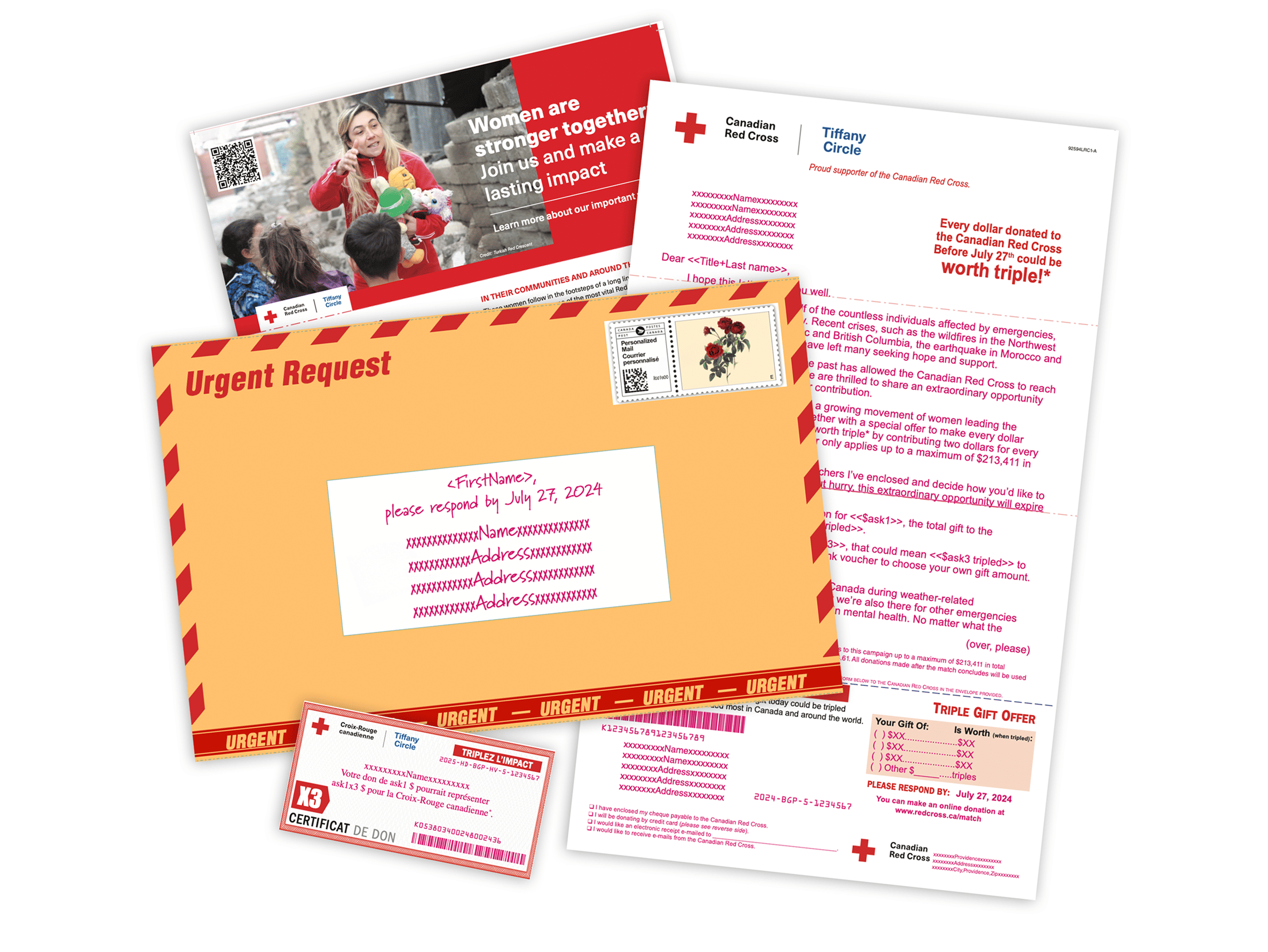 Canadian Red Cross direct mail package showing an orange urgent-request envelope layered over a donation letter with stamps and red accents.
