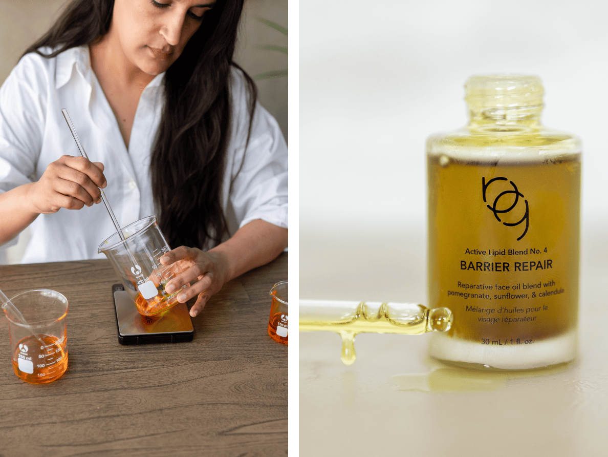 Salima Jivraj, Founder of Root to Glory mixing an orange liquid in a beaker beside a close up of Root to Glory Barrier Repair face oil.