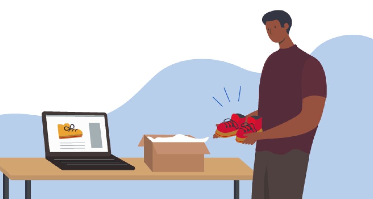 Illustration of a person holding a pair of red shoes beside an open shipping box on a table, with a laptop displaying an image of the same shoes.