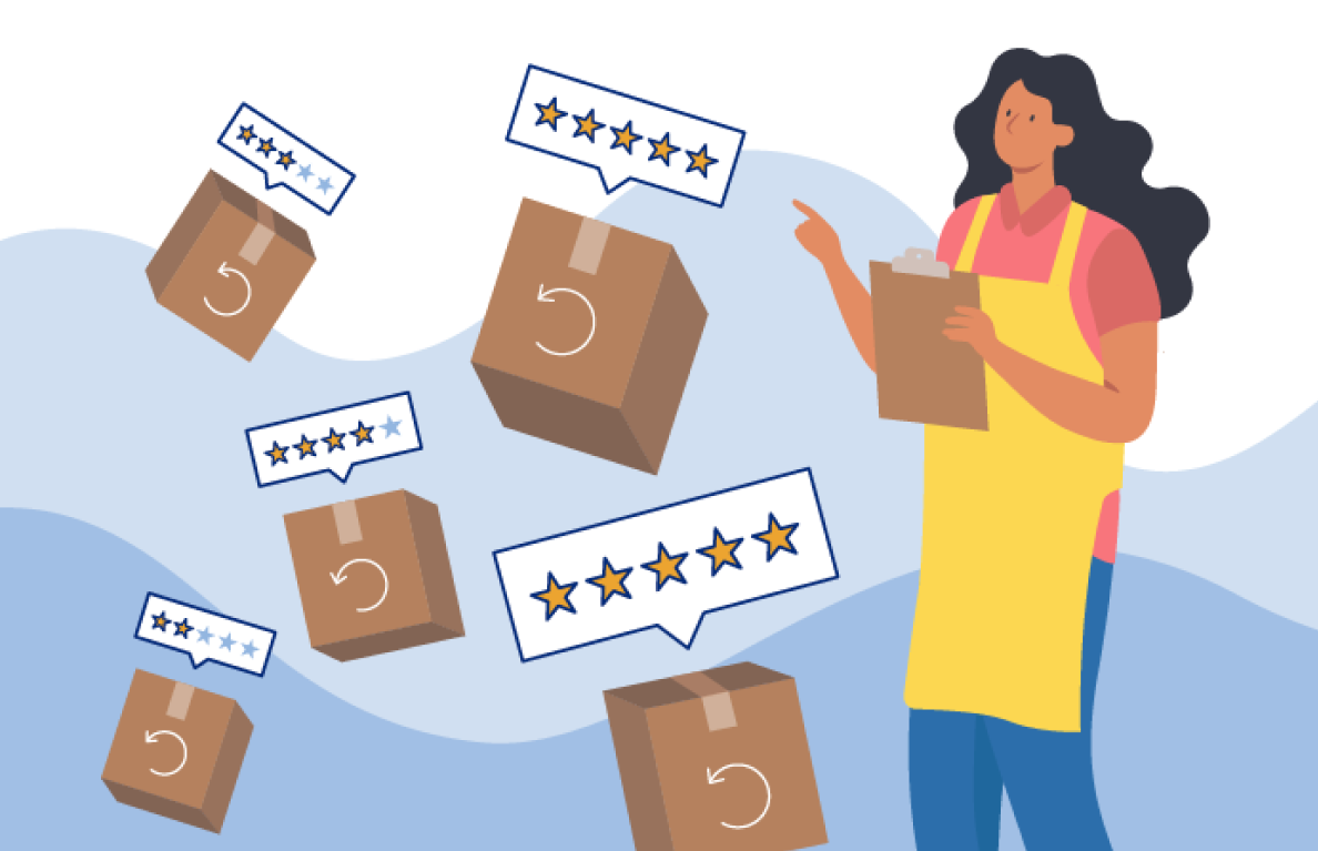 Illustration of a person holding a clipboard while several return packages float around them, each shown with star rating icons.