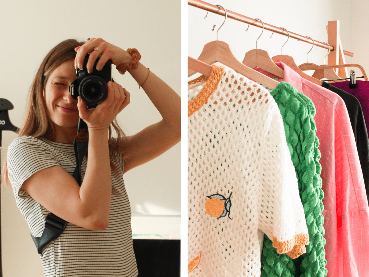 Side by side images showing a person holding a camera on the left and a clothing rack with colorful knit and textured tops on the right.
