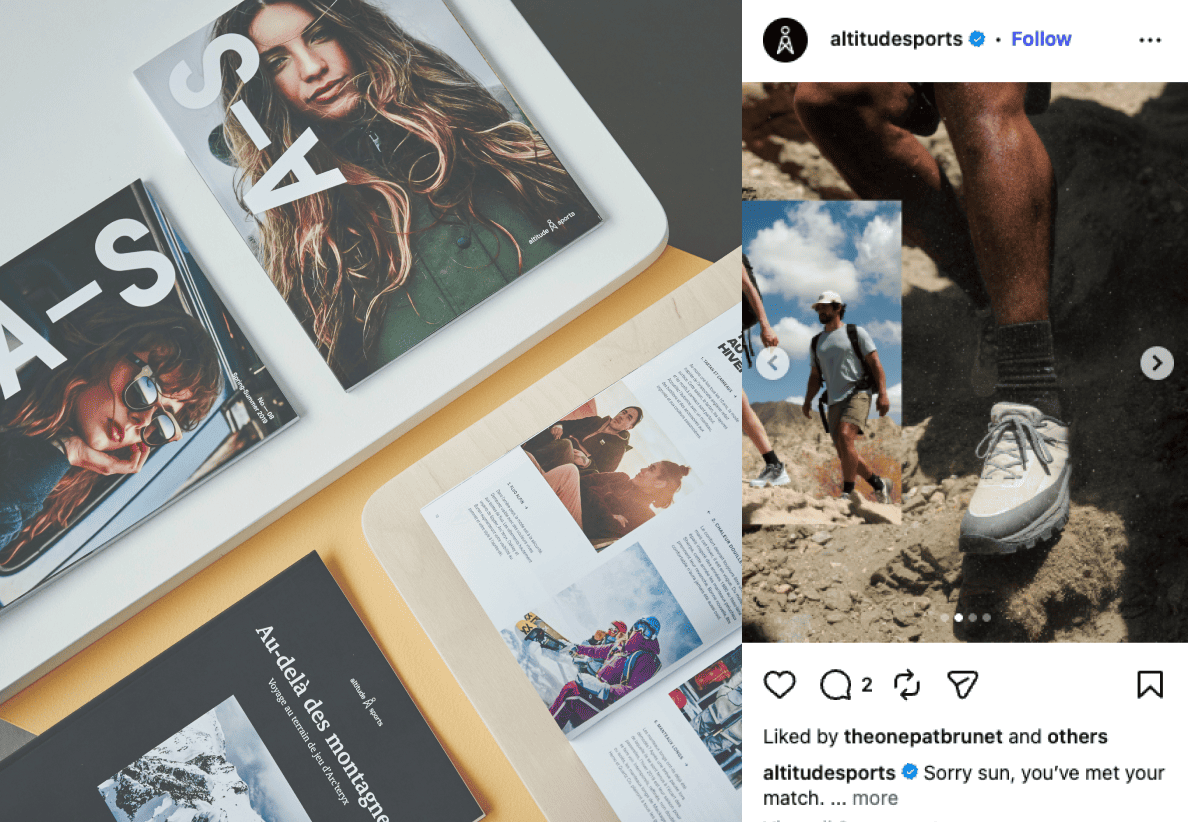 Direct mail pieces and an Instagram post promote Altitude sports brand content across print and social channels.