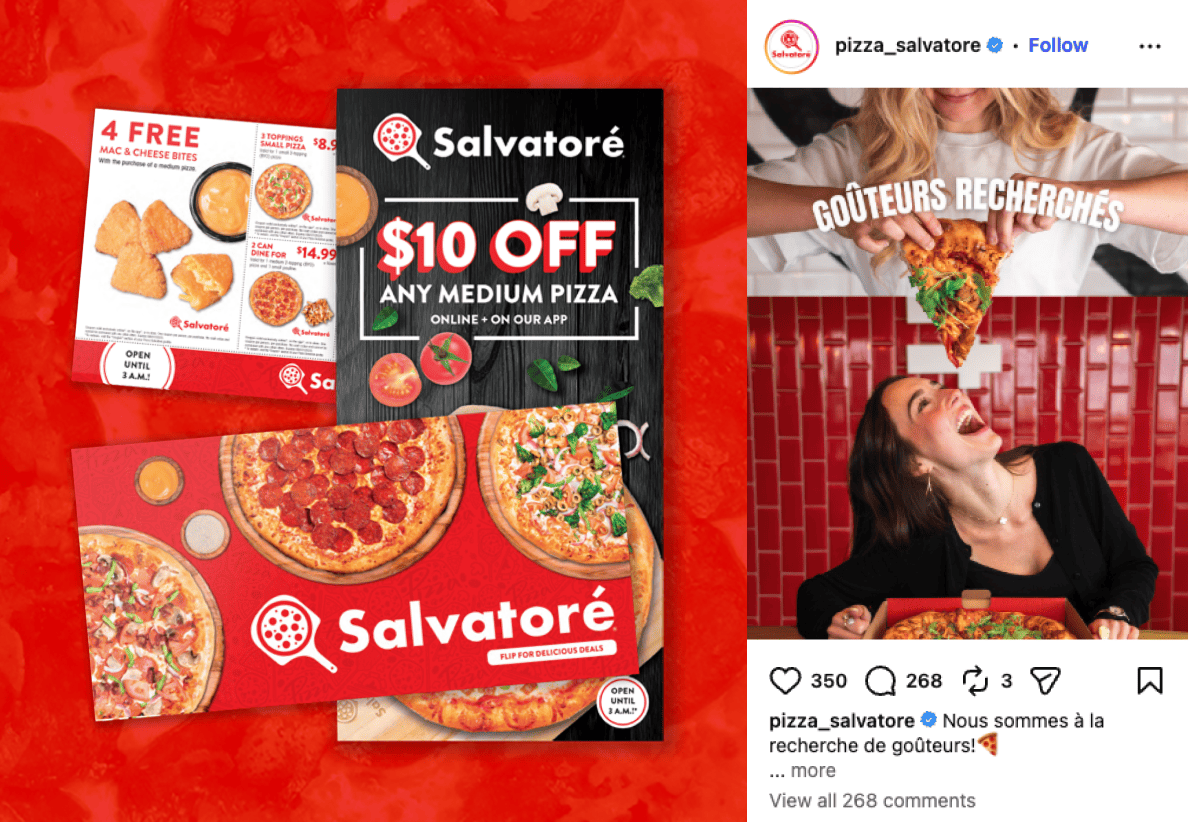 Direct mail pieces and an Instagram post promote Pizza Salvatore offers and brand content across print and social channels.
