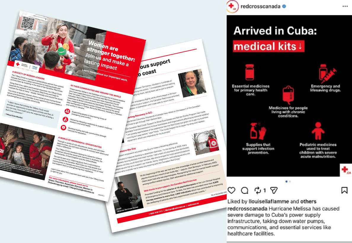 Canadian Red Cross direct mail newsletter and Instagram post share humanitarian aid updates across print and social media channels.