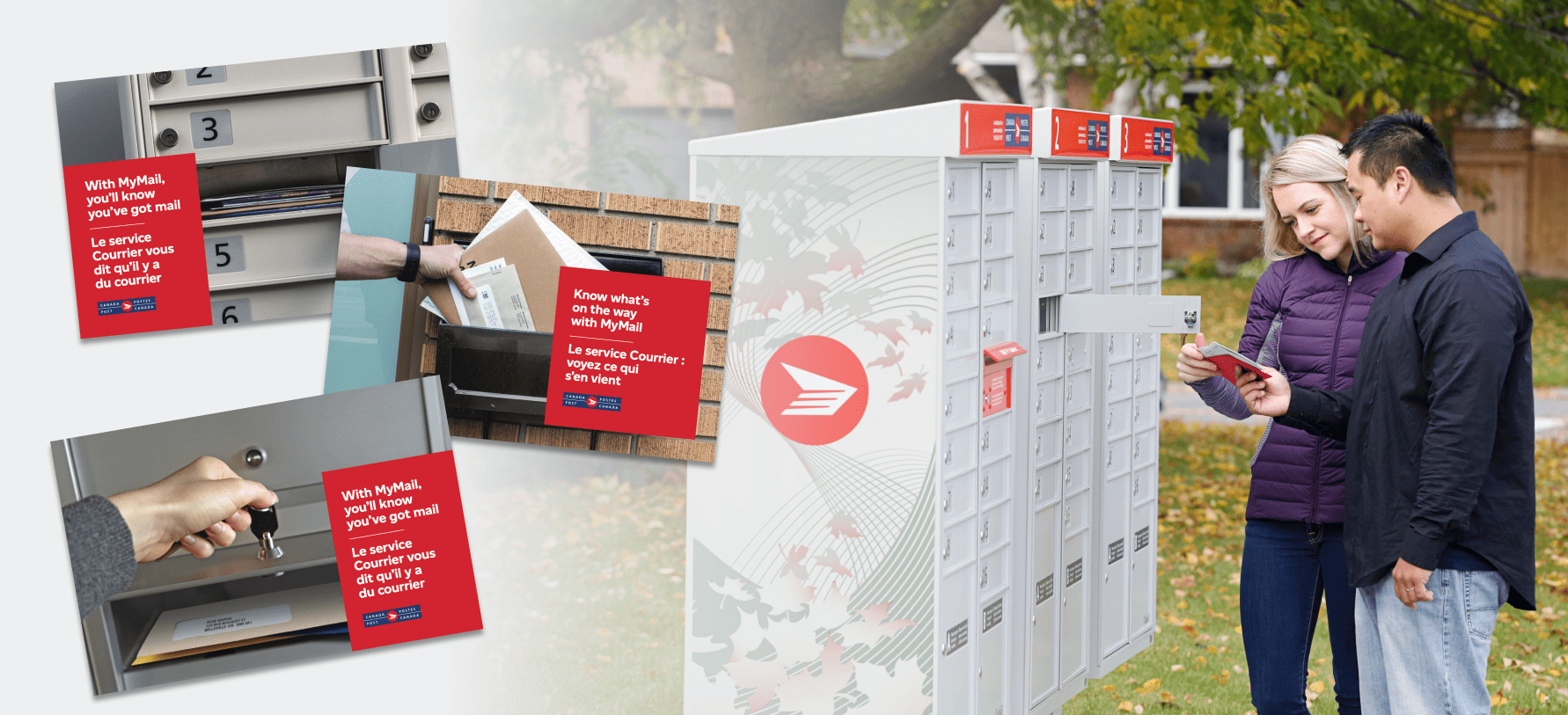 Canada Post community mailbox inset with 3 MyMail direct mail pieces. A young couple read the direct mail pieces.