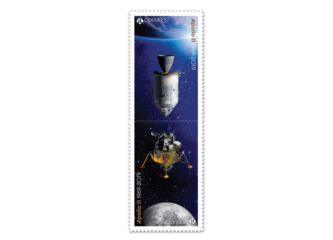 Two collectible Canada Post stamps featuring illustration of Apollo 11 mission.