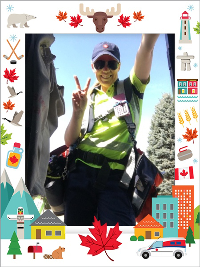 : Smiling Canada Post employee making a peace sign with their fingers.