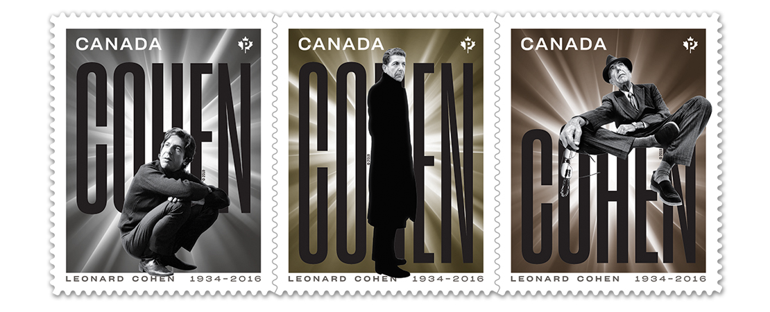 Three collectible Canada Post stamps featuring photographs of Leonard Cohen