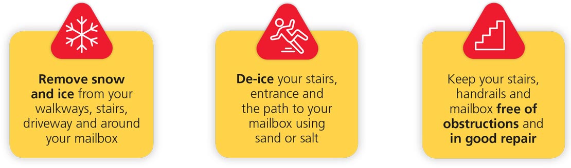 Remove snow and ice; De-ice your stairs; Keep stairs, handrails free of obstructions
