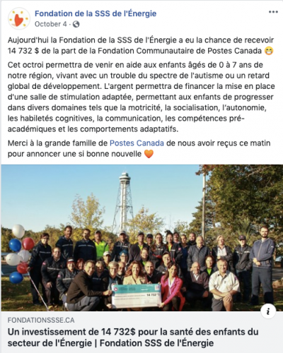 Fondation de la santé et des services sociaux de l’Énergie received $14,732 for a stimulation room for children with autism, ADHD or intellectual delays.