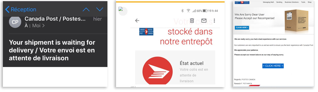 Multiple examples of email and text-based fraud show fraudsters imitating Canada Post