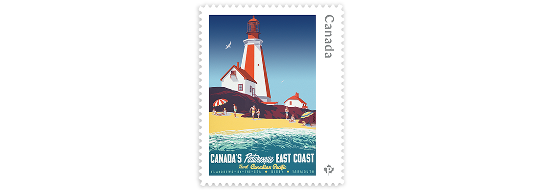 Stamp depicting a travel poster of a seaside destination