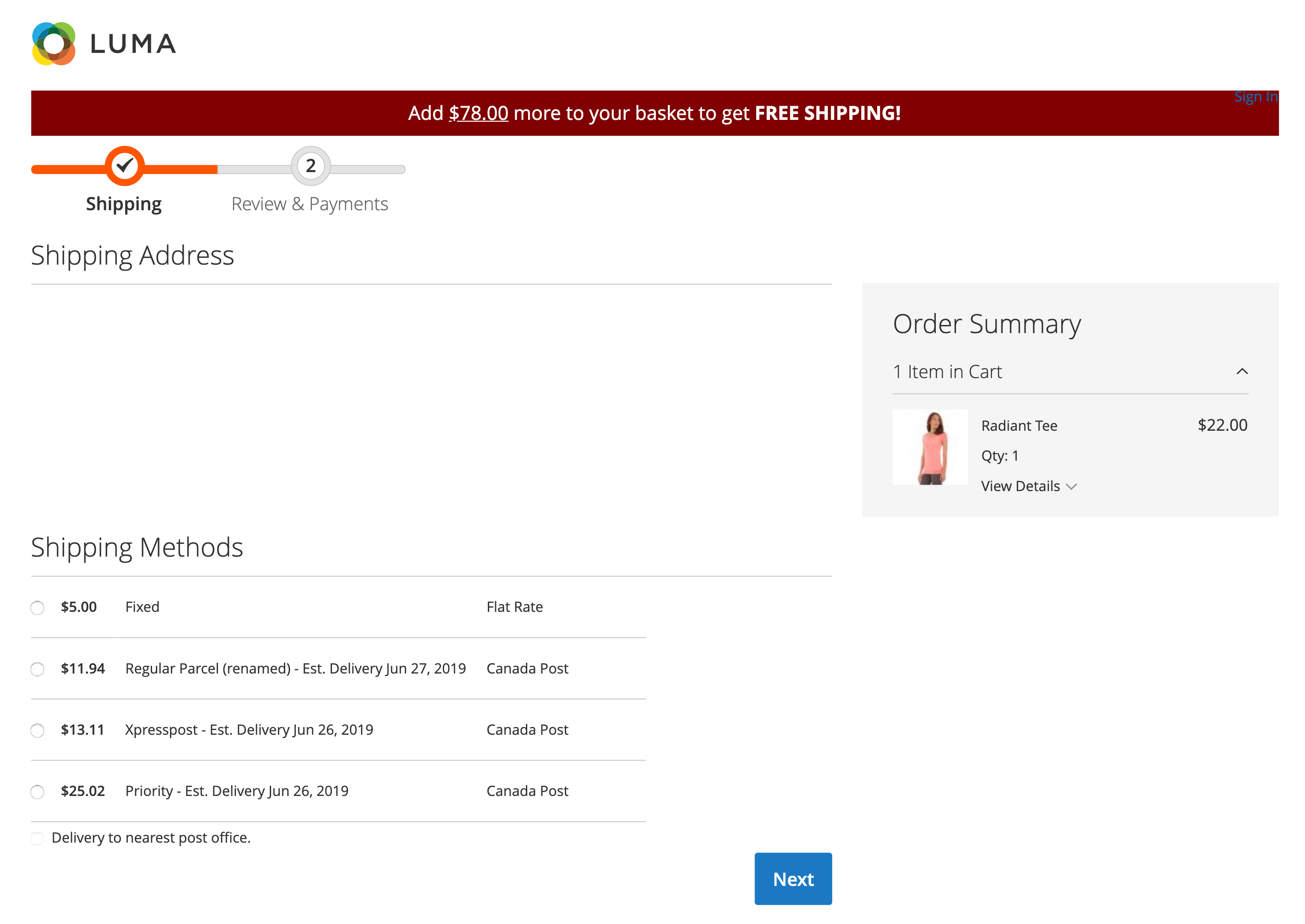 The checkout page for LUMA, an e-commerce store, displays shipping costs and delivery dates for the customer. 