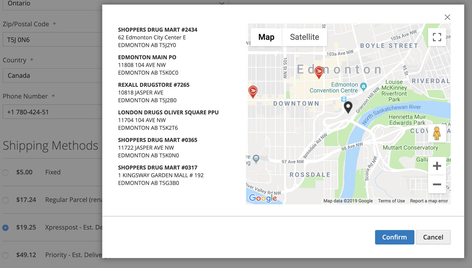 Screenshot of an online store checkout page displays several deliver to post office options for an online customer.