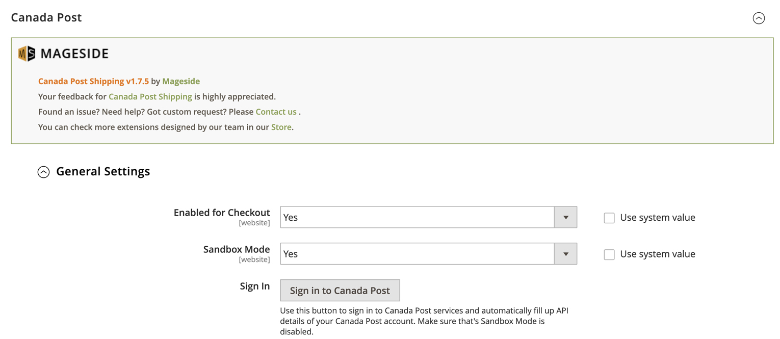 Une saisie d’écran du tableau de bord d’une boutique en ligne. L’utilisateur configure les paramètres généraux du module d’extension de Postes Canada dans Magento. (En anglais seulement)