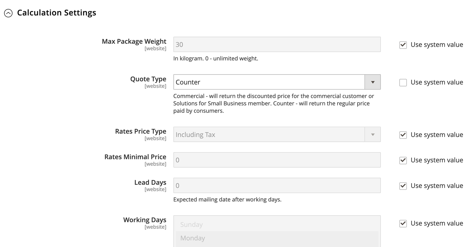 A screenshot of an online store dashboard. User is configuring rates for the Canada Post plugin within Magento. 