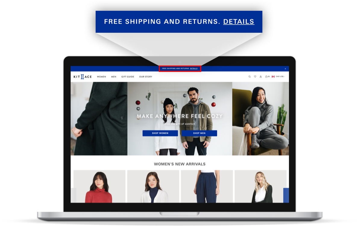 Un ordinateur portable affiche le site Web Kit & Ace, soulignant leur politique de retour.