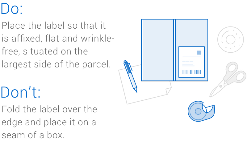 A parcel box with label, pen, tape, scissors and two tips for packing your parcel. Do: Place the label so that it is affixed, flat and wrinkle-free, situated on the largest side of the parcel. Don’t: Fold the label over the edge and place it on a seam of a box.