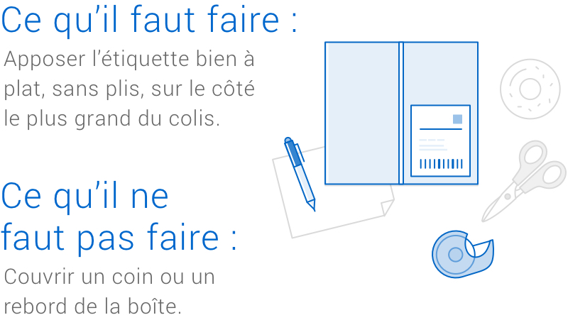 Une boîte à colis avec étiquette, stylo, ruban adhésif, ciseaux et deux astuces pour emballer votre colis. À faire: placez l'étiquette de manière à ce qu'elle soit apposée, plate et sans plis, située sur le plus grand côté du colis. À ne pas faire: Pliez l'étiquette sur le bord et placez-la sur la couture d'une boîte.