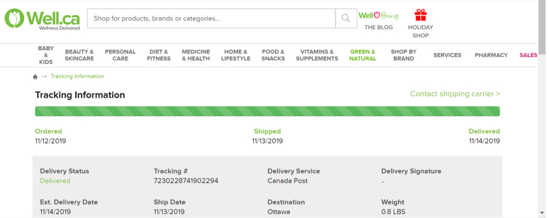Well.ca intègre le repérage de Postes Canada à sa propre page de repérage.