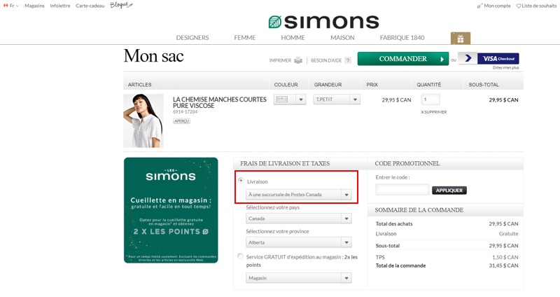 Options de livraison du détaillant de vêtements Simons.