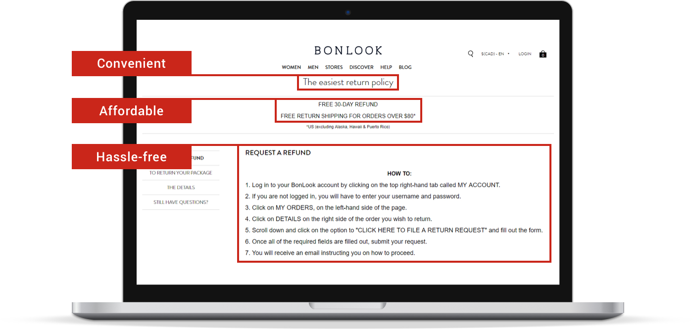 A screenshot of Canadian e-commerce brand BonLook’s return policy page.
